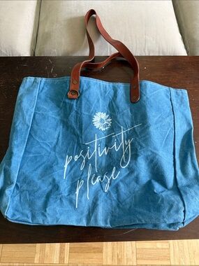 Positivity Please Blue Canvas Tote with Brown Handles